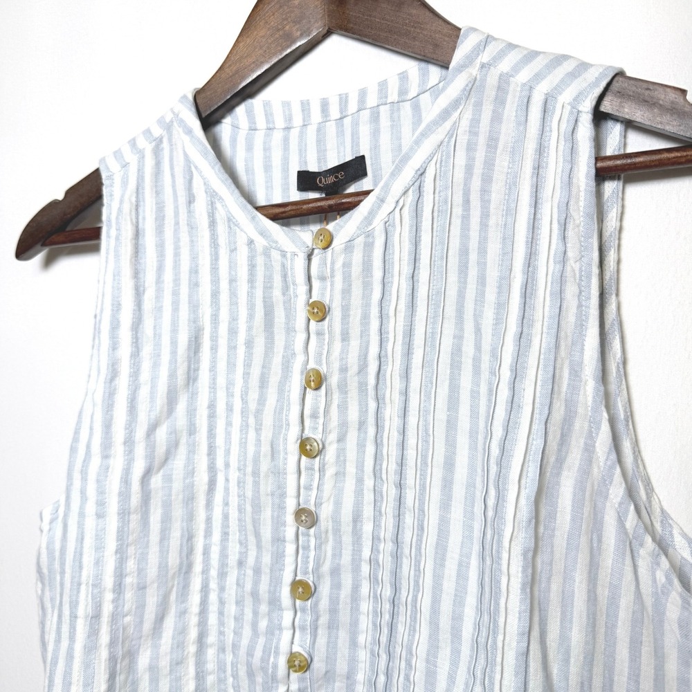 Quince 100% Linen Sleeveless Striped Pintuck Shift Dress Blue White Medium NWT